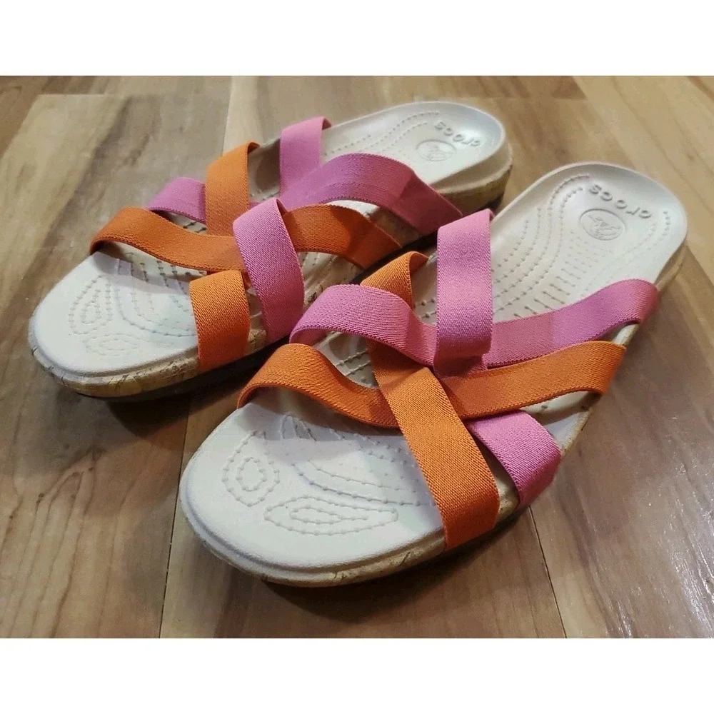 Crocs Edie Stretch Sandals Womens 10 Pink Orange‎ Slides Criss Cross Straps